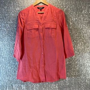 NICOLE MILLER ORIGINAL Linen SHIRT Sz Small Salmon Pink V-Neck Button Up